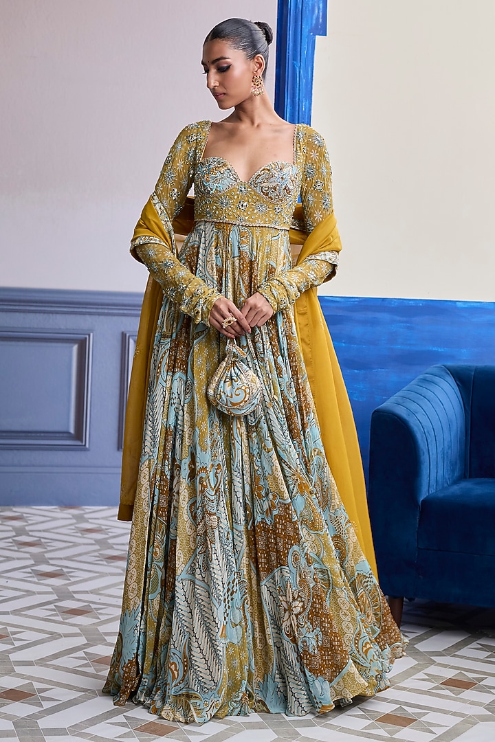 Yellow Organza & Georgette Floral Printed Wedding Anarkali Set by DiyaRajvvir at Pernia's Pop Up Shop