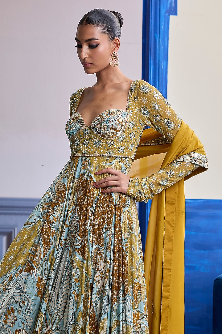 Yellow Organza & Georgette Floral Printed Wedding Anarkali Set by DiyaRajvvir at Pernia's Pop Up Shop