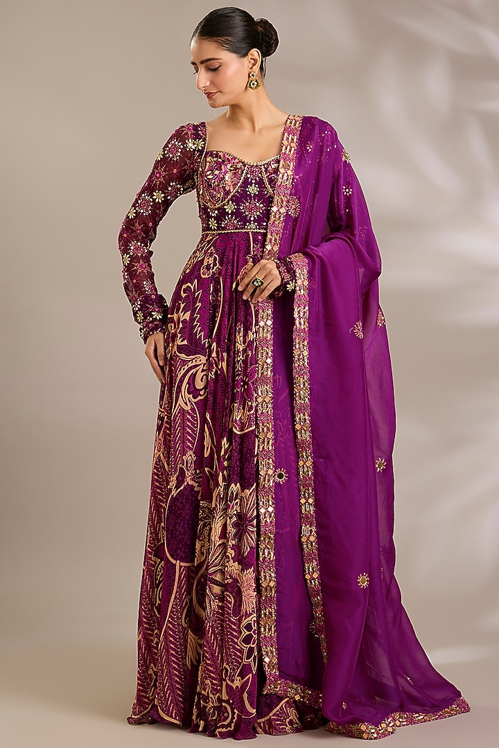Magenta Georgette Floral Printed Wedding Anarkali Set by DiyaRajvvir at Pernia's Pop Up Shop