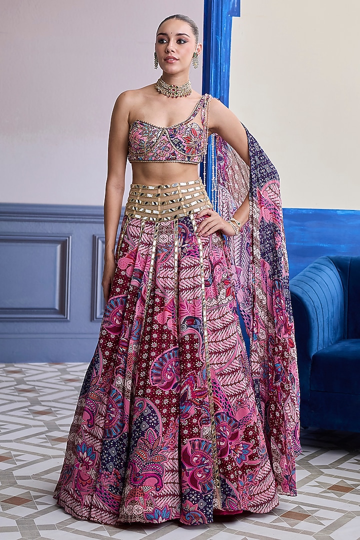 Fuchsia Tulle Floral Printed Paneled Wedding Lehenga Set by DiyaRajvvir at Pernia's Pop Up Shop