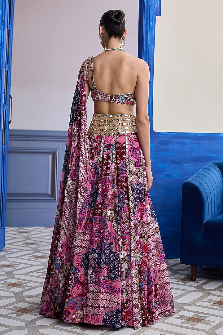 Fuchsia Tulle Floral Printed Paneled Wedding Lehenga Set by DiyaRajvvir at Pernia's Pop Up Shop