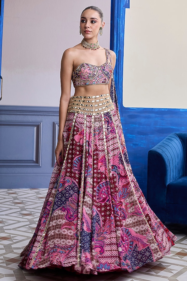Fuchsia Tulle Floral Printed Paneled Wedding Lehenga Set by DiyaRajvvir at Pernia's Pop Up Shop