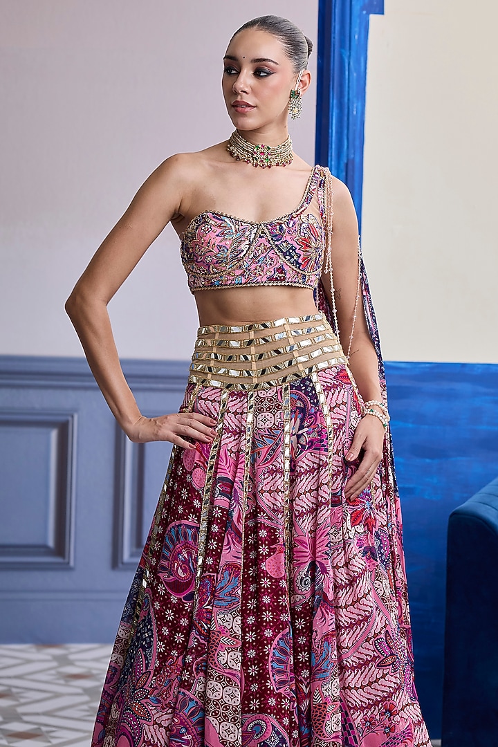 Fuchsia Tulle Floral Printed Paneled Wedding Lehenga Set by DiyaRajvvir at Pernia's Pop Up Shop