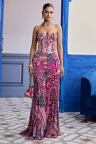 Fuchsia Georgette Floral Printed Pant Set by DiyaRajvvir