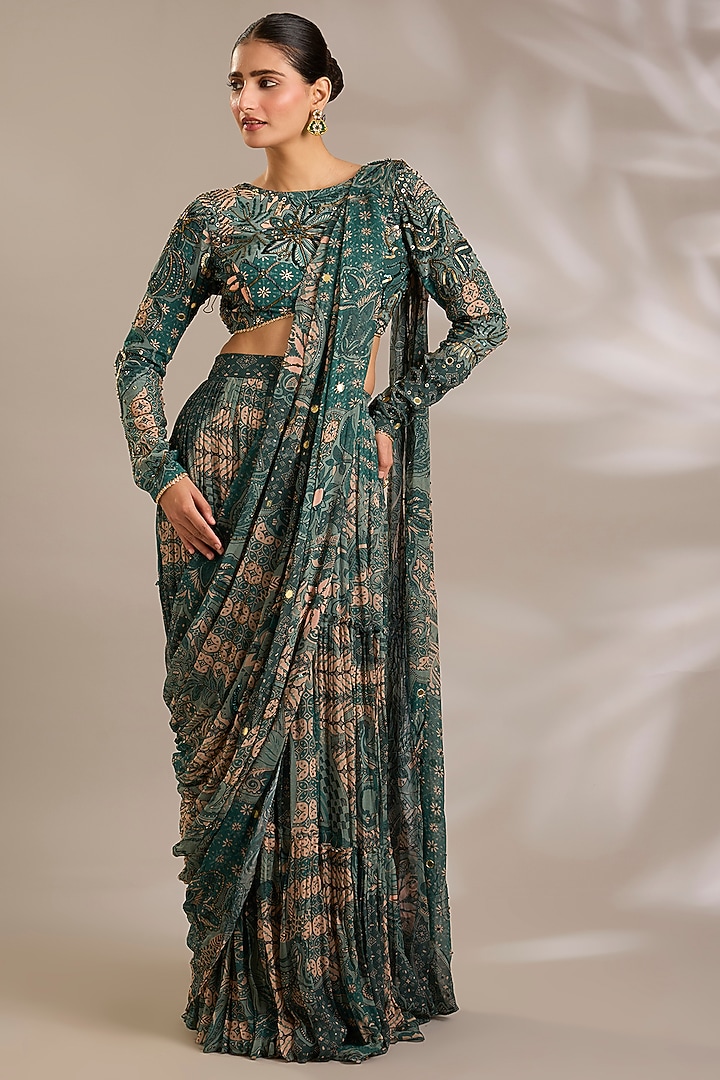 Teal Green Georgette Floral Printed Draped Tiered Skirt Wedding Saree Set by DiyaRajvvir at Pernia's Pop Up Shop