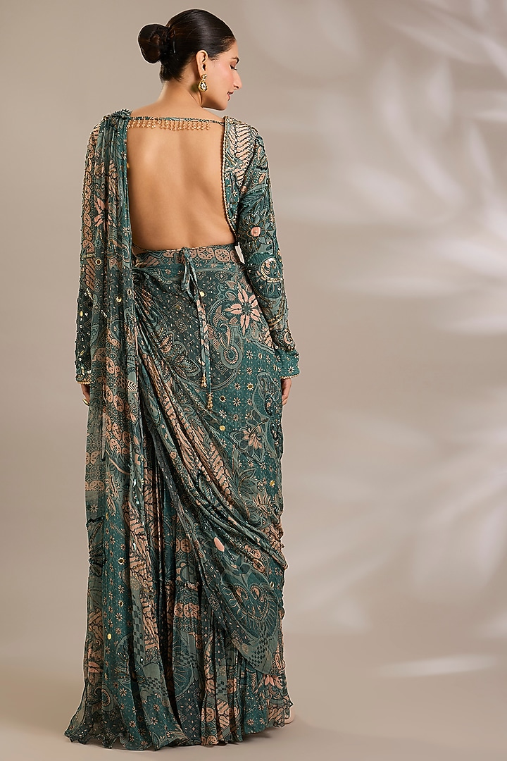Teal Green Georgette Floral Printed Draped Tiered Skirt Wedding Saree Set by DiyaRajvvir at Pernia's Pop Up Shop