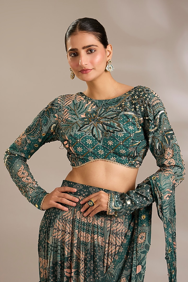 Teal Green Georgette Floral Printed Draped Tiered Skirt Wedding Saree Set by DiyaRajvvir at Pernia's Pop Up Shop