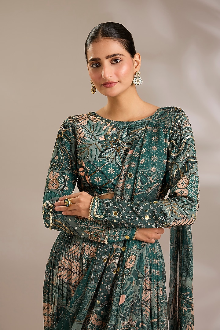 Teal Green Georgette Floral Printed Draped Tiered Skirt Wedding Saree Set by DiyaRajvvir at Pernia's Pop Up Shop