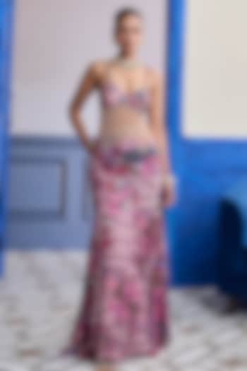 Fuchsia Tulle Floral Printed Structured Skirt Set by DiyaRajvvir at Pernia's Pop Up Shop