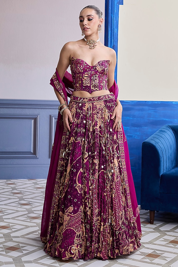 Magenta Georgette & Organza Printed Wedding Lehenga Set by DiyaRajvvir at Pernia's Pop Up Shop