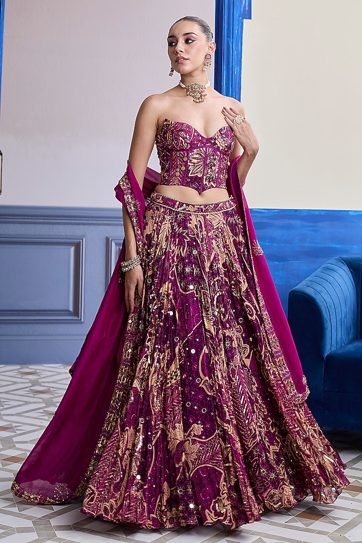 Magenta Georgette & Organza Printed Wedding Lehenga Set by DiyaRajvvir at Pernia's Pop Up Shop
