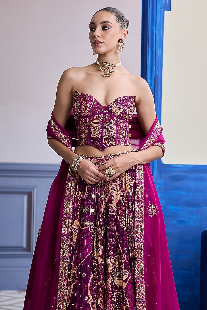 Magenta Georgette & Organza Printed Wedding Lehenga Set by DiyaRajvvir at Pernia's Pop Up Shop