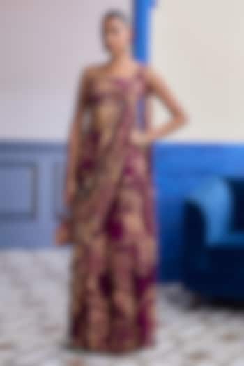 Magenta Crepe Floral Printed Draped Sharara Wedding Saree Set by DiyaRajvvir at Pernia's Pop Up Shop
