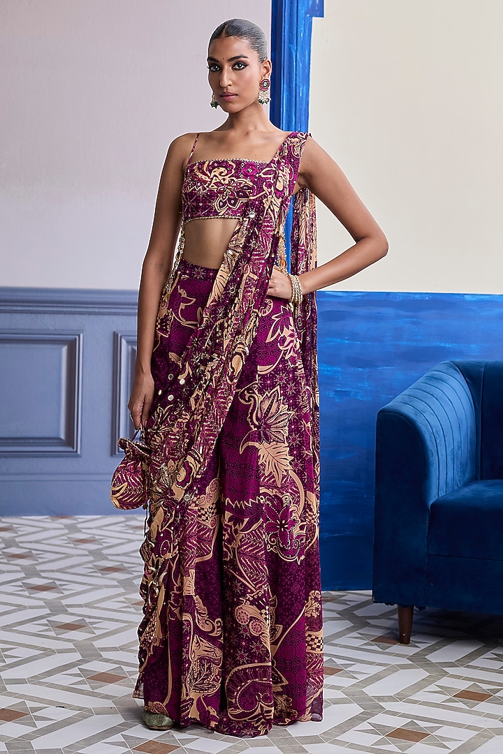 Magenta Crepe Floral Printed Draped Sharara Wedding Saree Set by DiyaRajvvir at Pernia's Pop Up Shop