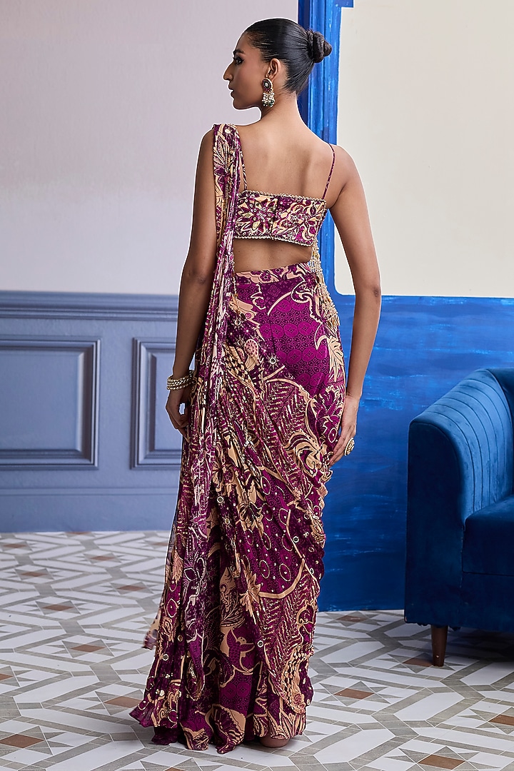 Magenta Crepe Floral Printed Draped Sharara Wedding Saree Set by DiyaRajvvir at Pernia's Pop Up Shop