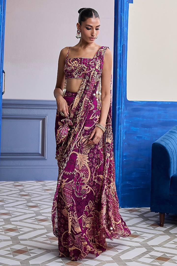 Magenta Crepe Floral Printed Draped Sharara Wedding Saree Set by DiyaRajvvir at Pernia's Pop Up Shop