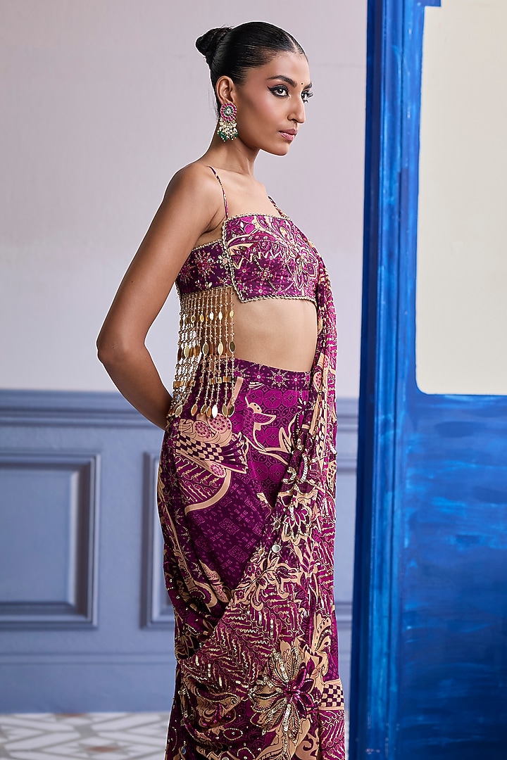 Magenta Crepe Floral Printed Draped Sharara Wedding Saree Set by DiyaRajvvir at Pernia's Pop Up Shop