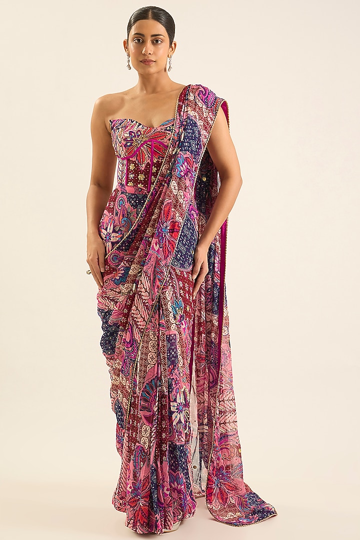 Fuchsia Georgette & Crepe Floral Printed Draped Skirt Wedding Saree Set by DiyaRajvvir at Pernia's Pop Up Shop
