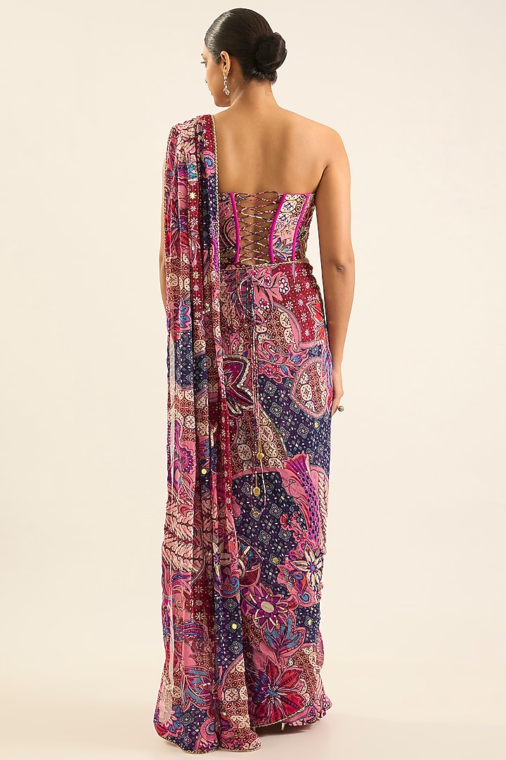 Fuchsia Georgette & Crepe Floral Printed Draped Skirt Wedding Saree Set by DiyaRajvvir at Pernia's Pop Up Shop
