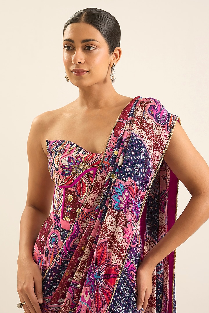 Fuchsia Georgette & Crepe Floral Printed Draped Skirt Wedding Saree Set by DiyaRajvvir at Pernia's Pop Up Shop