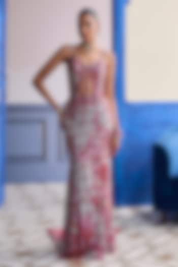 Red Crepe Floral Printed Mermaid Skirt Set by DiyaRajvvir at Pernia's Pop Up Shop