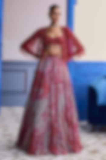 Red Tulle Floral Printed Jacket Wedding Lehenga Set by DiyaRajvvir at Pernia's Pop Up Shop