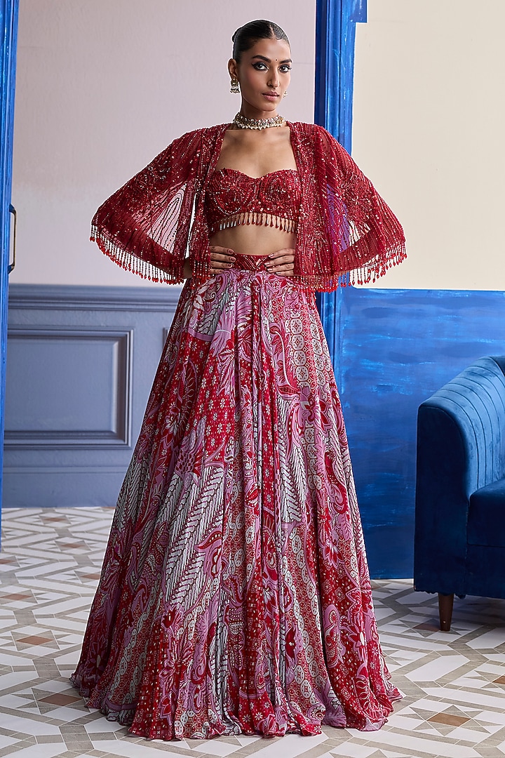 Red Tulle Floral Printed Jacket Wedding Lehenga Set by DiyaRajvvir at Pernia's Pop Up Shop