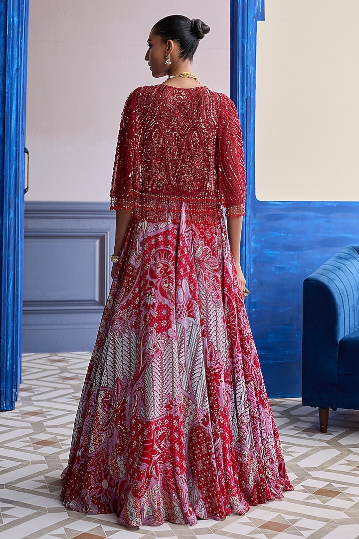 Red Tulle Floral Printed Jacket Wedding Lehenga Set by DiyaRajvvir at Pernia's Pop Up Shop