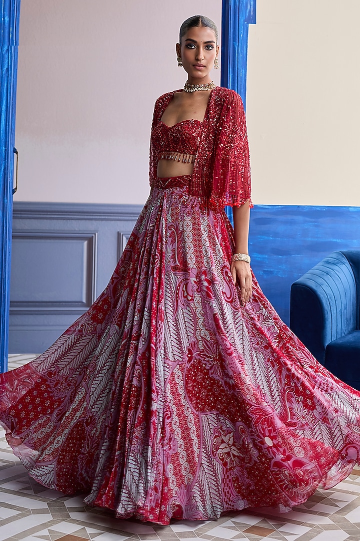 Red Tulle Floral Printed Jacket Wedding Lehenga Set by DiyaRajvvir at Pernia's Pop Up Shop