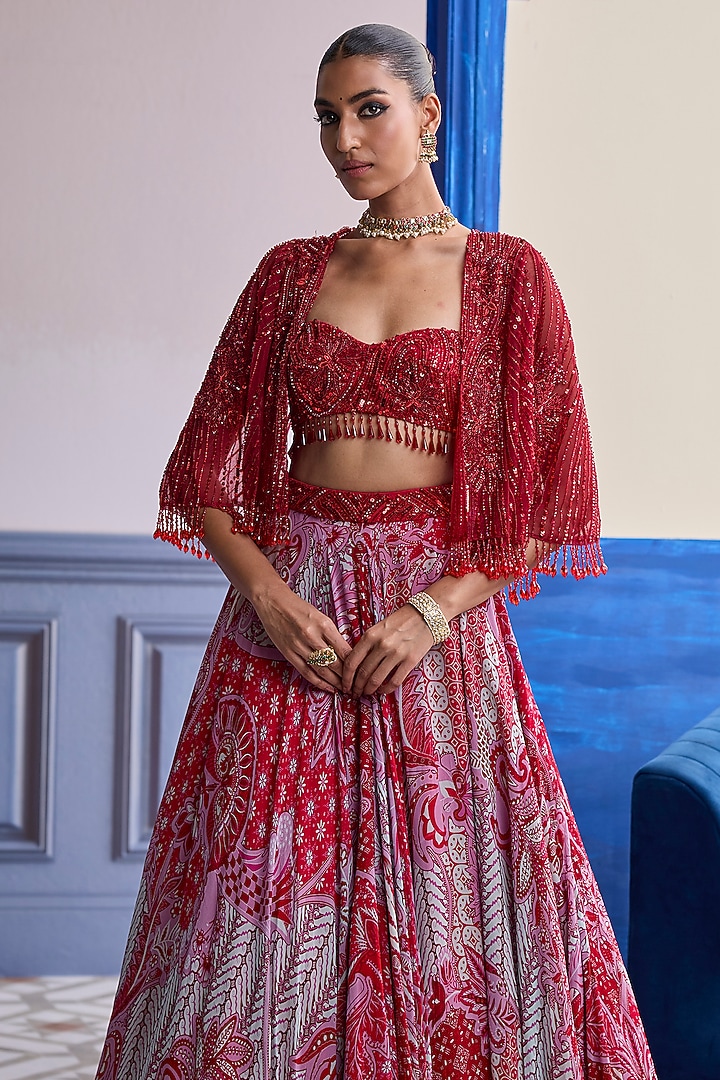 Red Tulle Floral Printed Jacket Wedding Lehenga Set by DiyaRajvvir at Pernia's Pop Up Shop