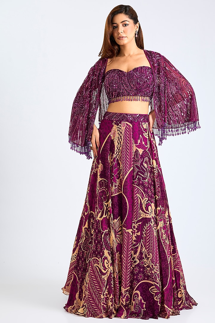 Magenta Tulle & Georgette Embroidered Wedding Lehenga Set by DiyaRajvvir at Pernia's Pop Up Shop
