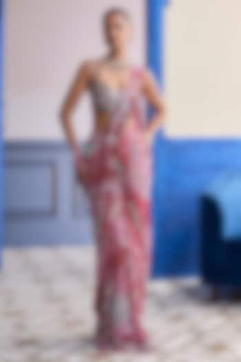Red Crepe & Tulle Printed Dhoti Wedding Saree Set by DiyaRajvvir at Pernia's Pop Up Shop
