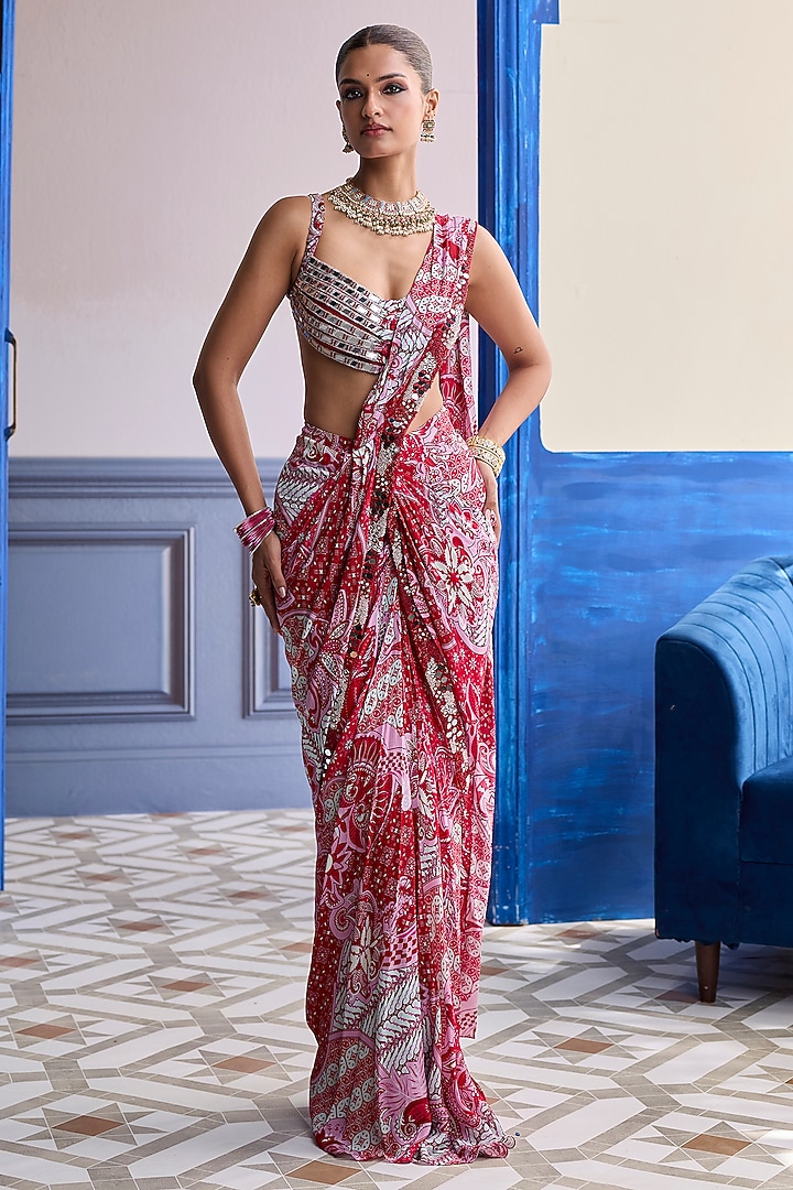 Red Crepe & Tulle Printed Dhoti Wedding Saree Set by DiyaRajvvir at Pernia's Pop Up Shop