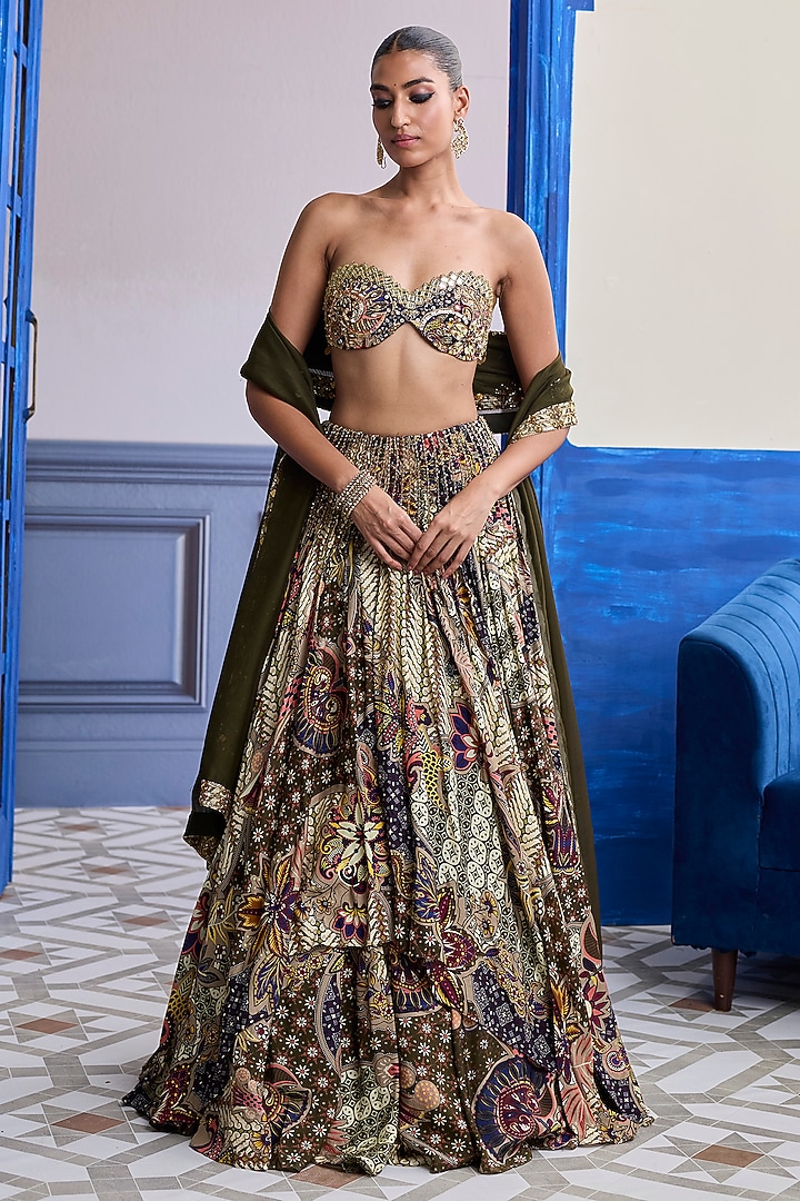 Olive Dola Silk Printed Wedding Lehenga Set by DiyaRajvvir at Pernia's Pop Up Shop