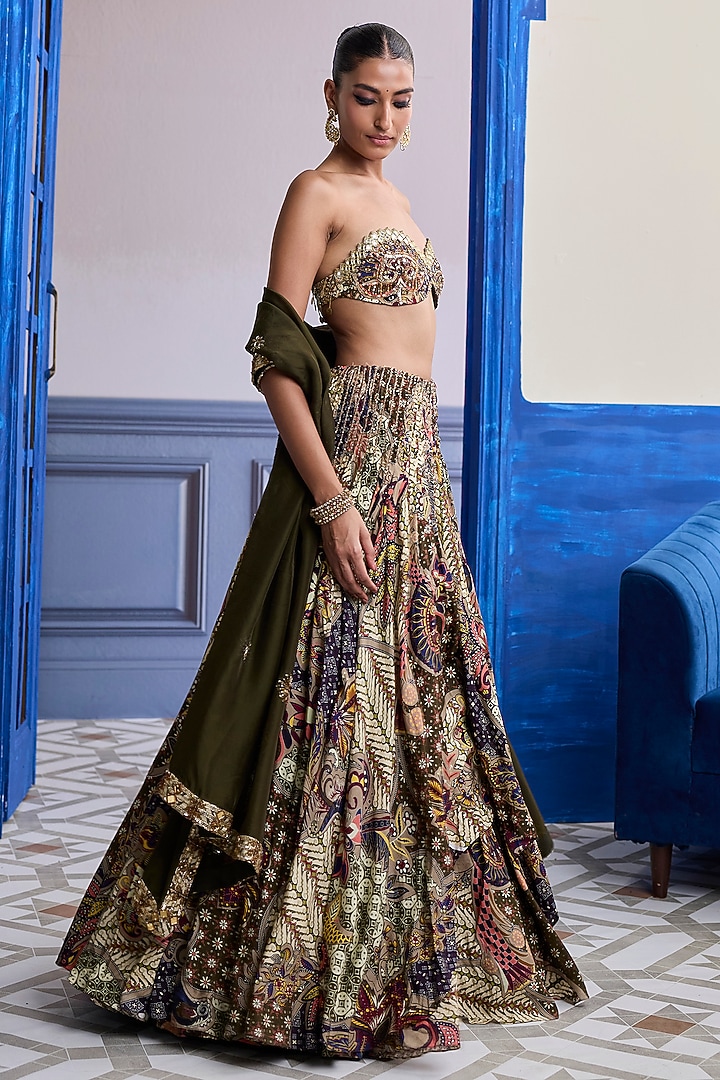 Olive Dola Silk Printed Wedding Lehenga Set by DiyaRajvvir at Pernia's Pop Up Shop
