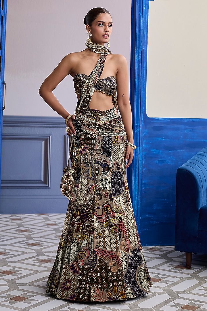 Olive Tulle & Georgette Floral Printed Fish-Cut Wedding Saree Set by DiyaRajvvir at Pernia's Pop Up Shop