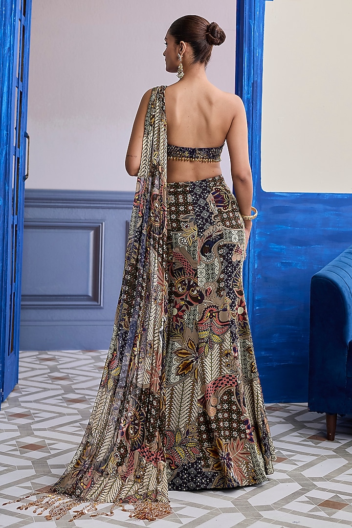 Olive Tulle & Georgette Floral Printed Fish-Cut Wedding Saree Set by DiyaRajvvir at Pernia's Pop Up Shop