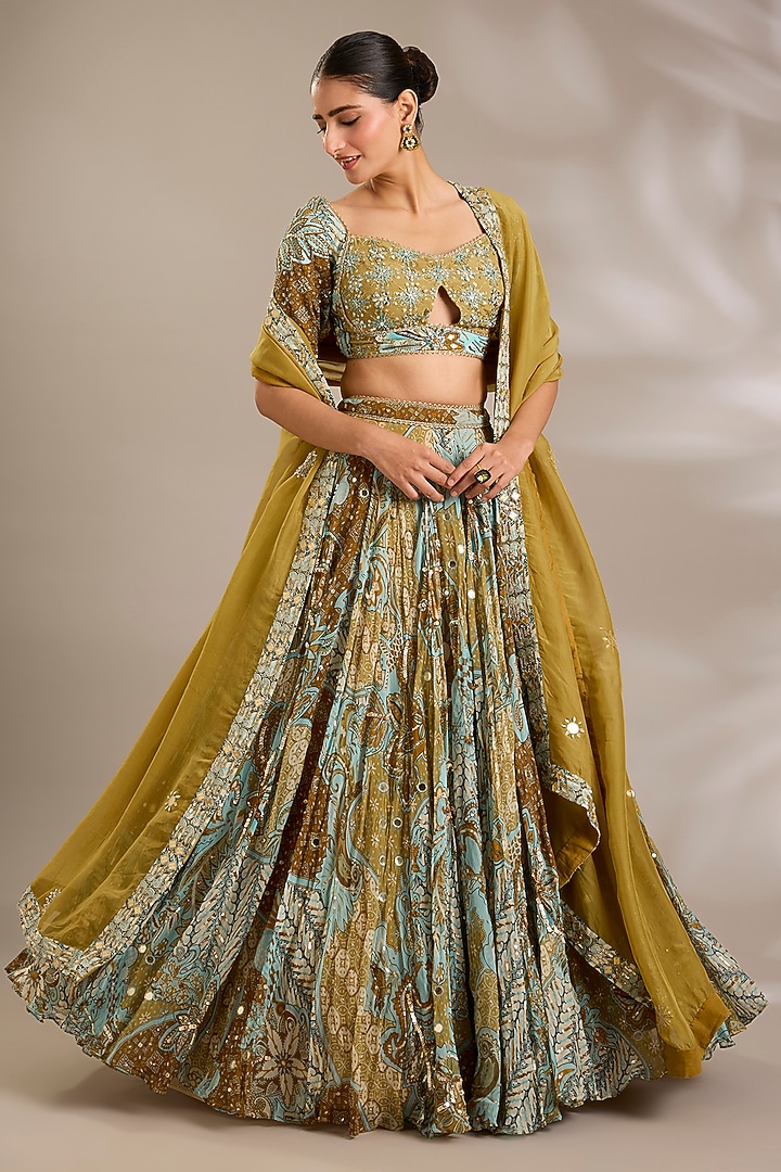 Yellow Crepe & Organza Printed Wedding Lehenga Set by DiyaRajvvir at Pernia's Pop Up Shop