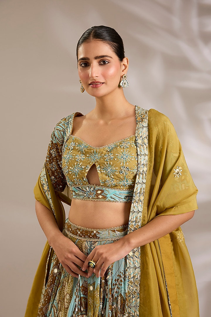 Yellow Crepe & Organza Printed Wedding Lehenga Set by DiyaRajvvir at Pernia's Pop Up Shop