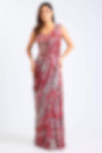 Red Crepe & Georgette Printed Draped Skirt Wedding Saree Set by DiyaRajvvir at Pernia's Pop Up Shop