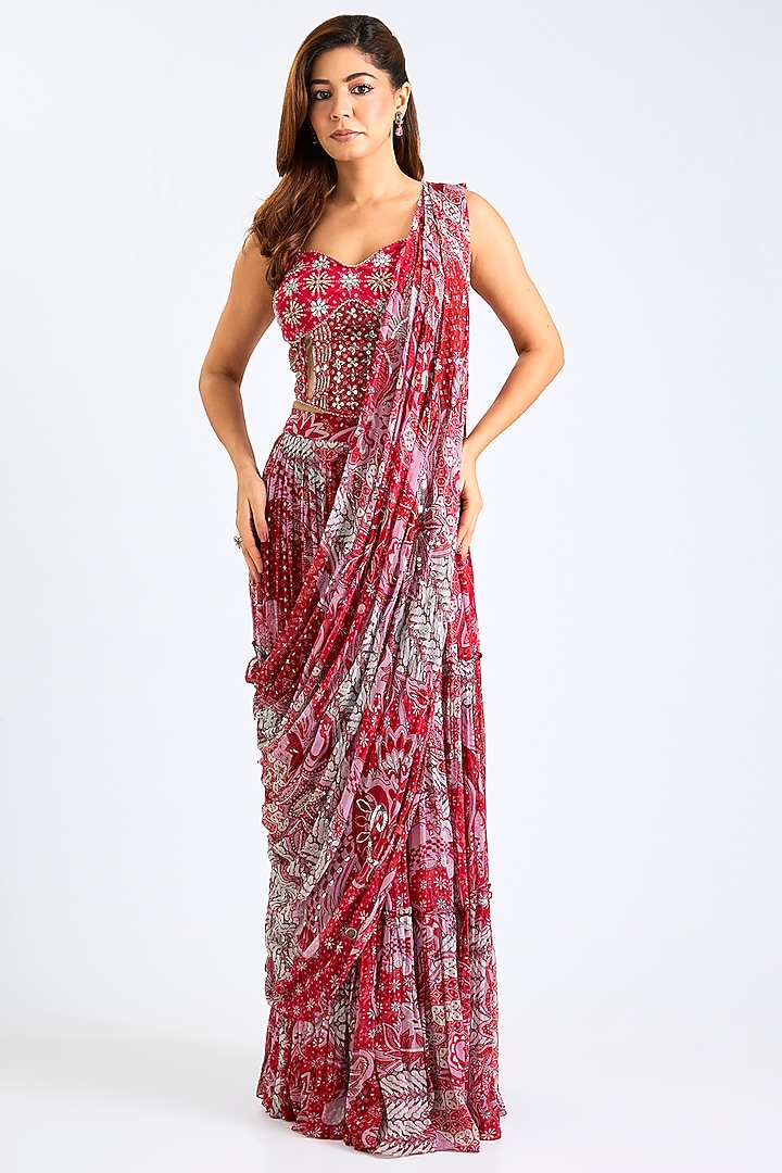 Red Crepe & Georgette Printed Draped Skirt Wedding Saree Set by DiyaRajvvir at Pernia's Pop Up Shop