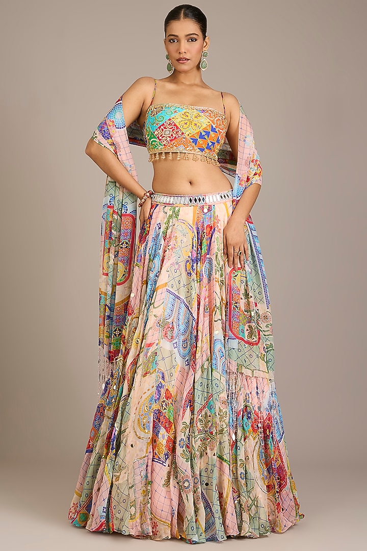 Multi-Colored Crepe Mosaic Printed Wedding Lehenga Set by DiyaRajvvir at Pernia's Pop Up Shop