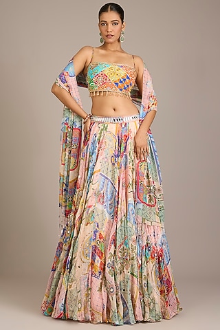 Multi-Colored Crepe Mosaic Printed Lehenga Set by DiyaRajvvir