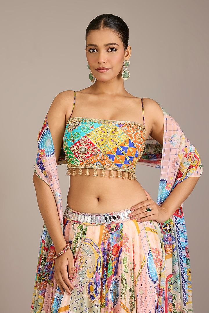 Multi-Colored Crepe Mosaic Printed Wedding Lehenga Set by DiyaRajvvir at Pernia's Pop Up Shop