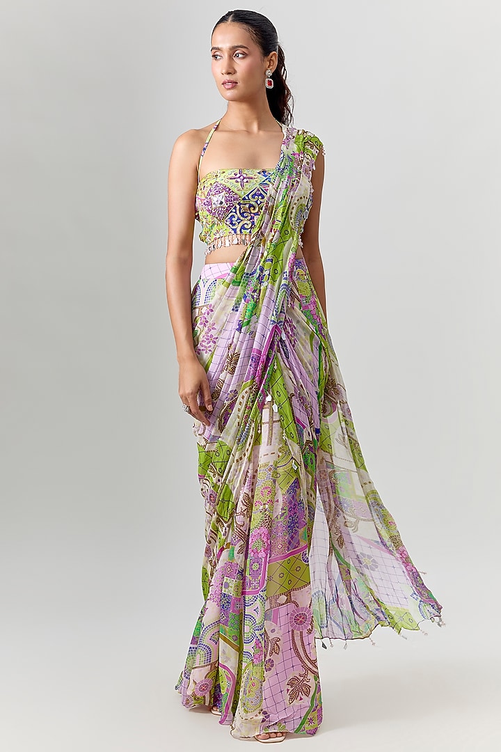 Multi-Colored Crepe Mosaic Printed Pre-Draped Wedding Saree Set by DiyaRajvvir at Pernia's Pop Up Shop