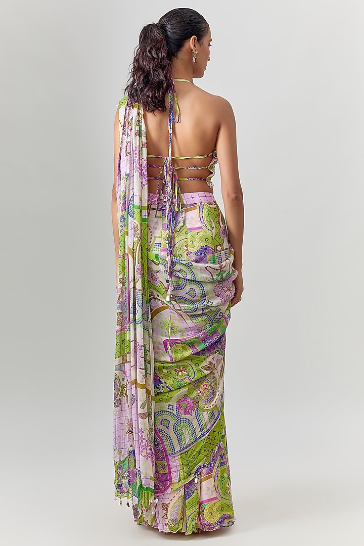 Multi-Colored Crepe Mosaic Printed Pre-Draped Wedding Saree Set by DiyaRajvvir at Pernia's Pop Up Shop