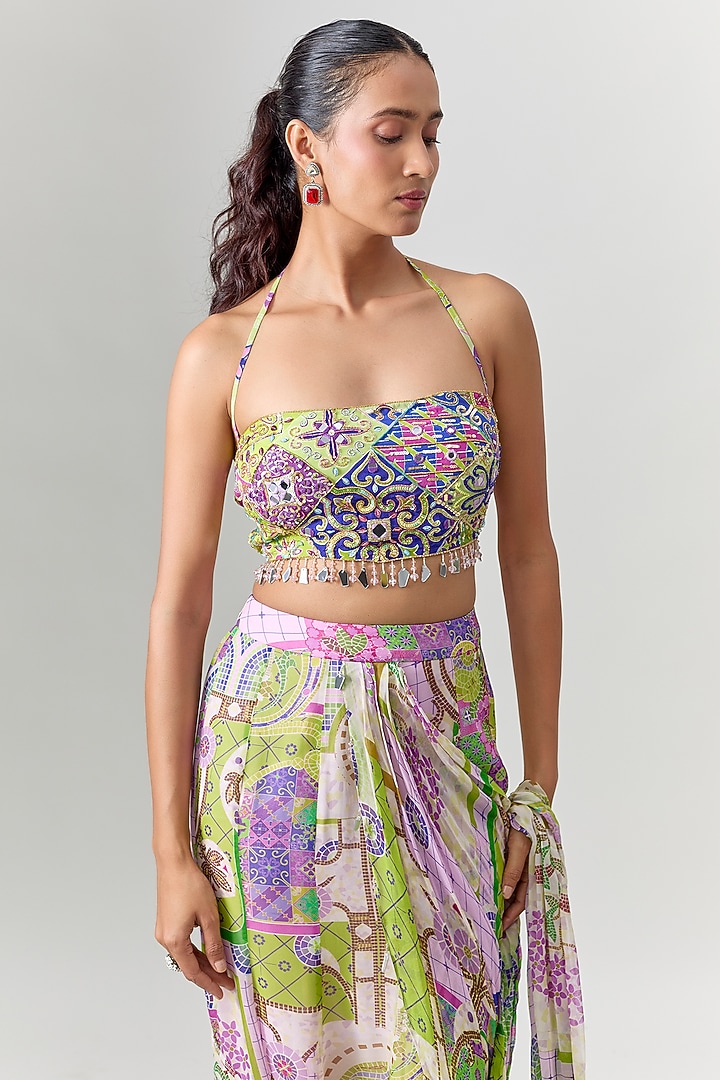Multi-Colored Crepe Mosaic Printed Pre-Draped Wedding Saree Set by DiyaRajvvir at Pernia's Pop Up Shop