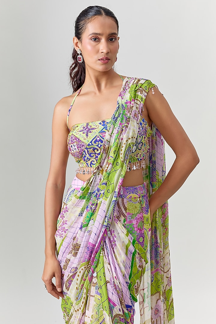 Multi-Colored Crepe Mosaic Printed Pre-Draped Wedding Saree Set by DiyaRajvvir at Pernia's Pop Up Shop