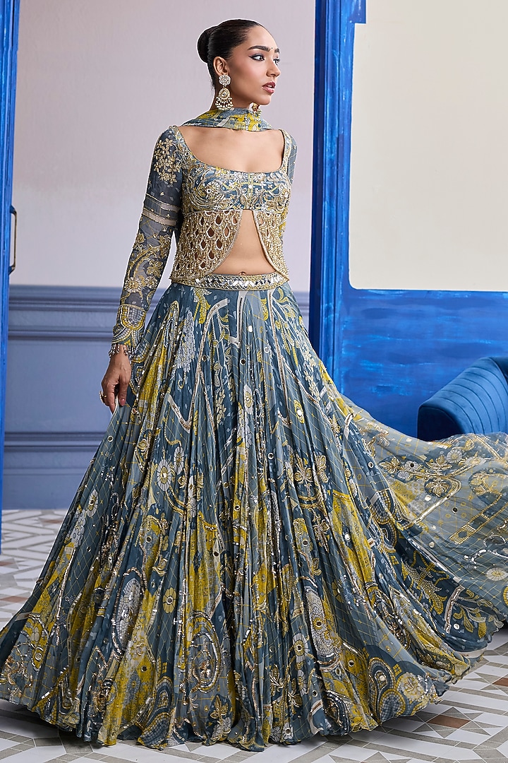 Grey Crepe & Net Mosaic Printed Wedding Lehenga Set by DiyaRajvvir at Pernia's Pop Up Shop
