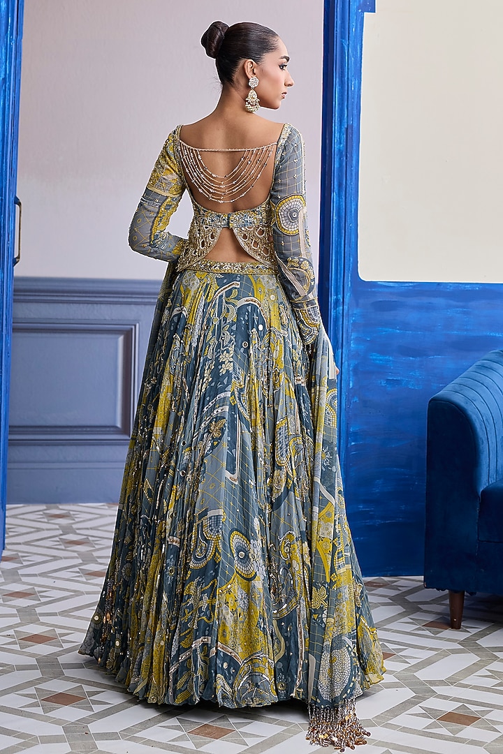 Grey Crepe & Net Mosaic Printed Wedding Lehenga Set by DiyaRajvvir at Pernia's Pop Up Shop
